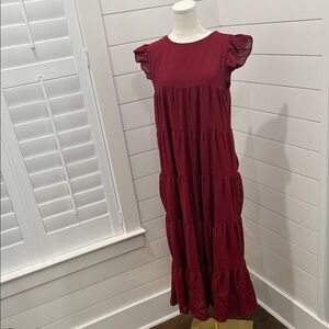 The Impeccable Pig Size Medium Ruffled Sleeve Burgundy Maxi Dress with Pockets